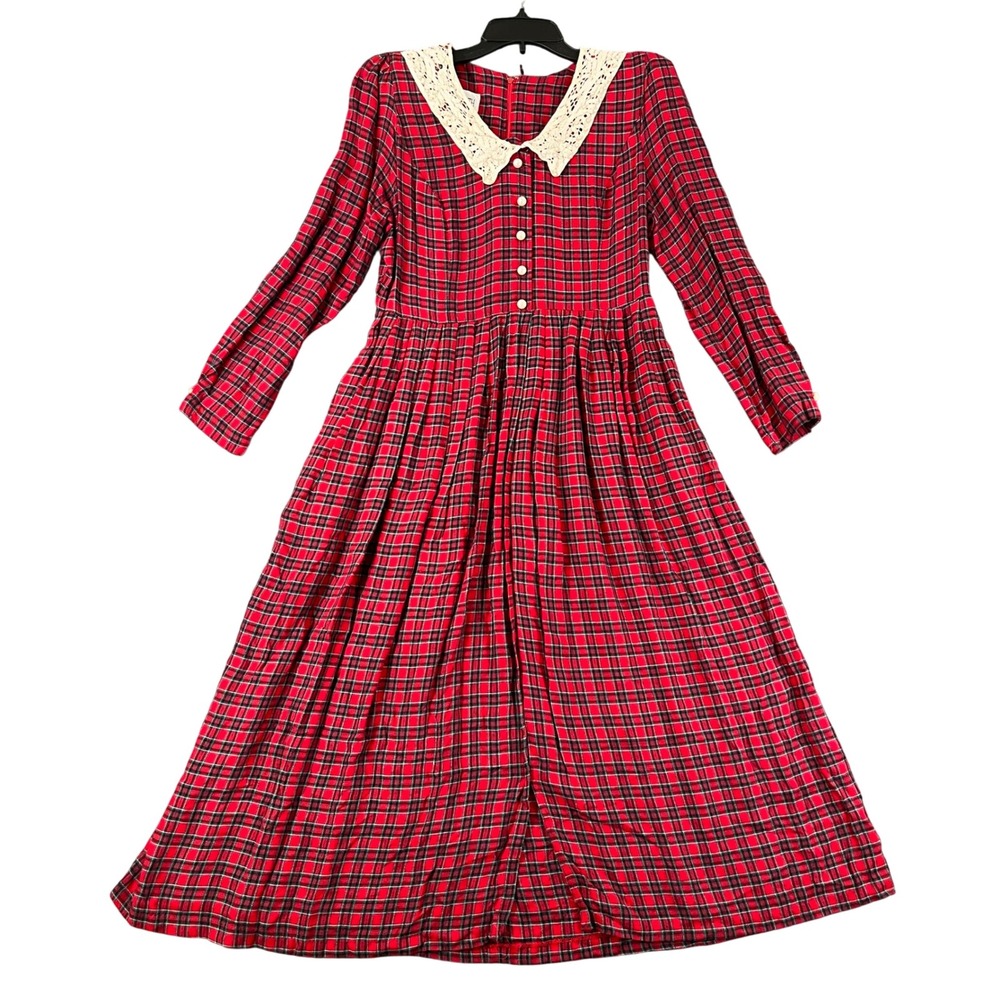 Vintage 90s Plaza South Plaid Dress Womens 8 Lace Collar Pearl Holiday Party‎